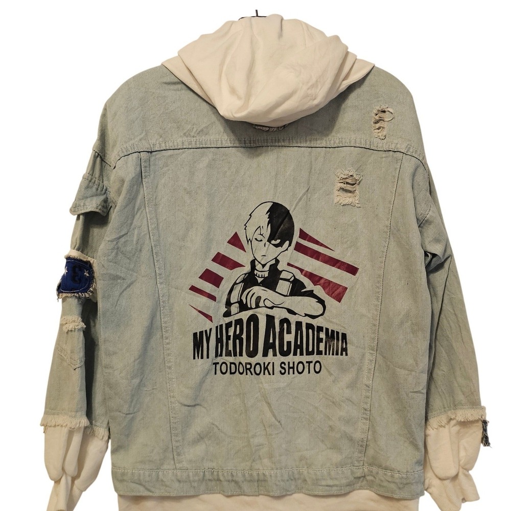 My Hero Academia Todoroki Shoto Distressed Hooded Denim Jacket Light Wash Mens L
